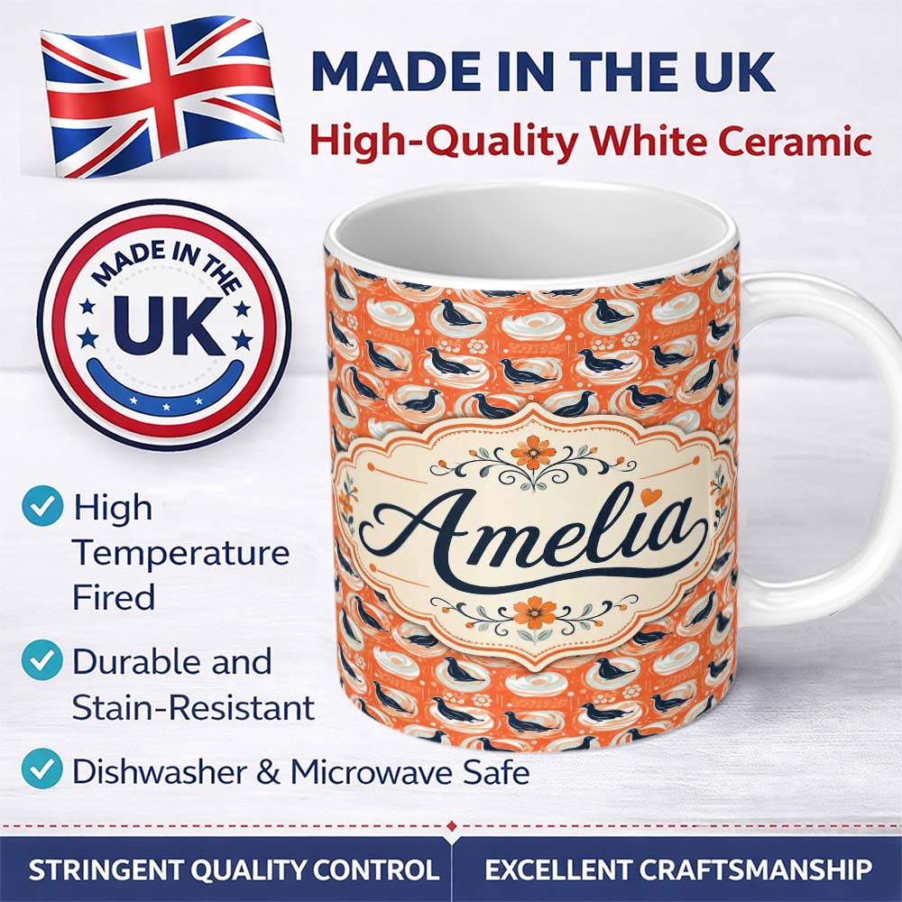 Personalized Custom Name Modern Abstract Seal on Orange Wave Seamless Pattern Lovely 11oz Ceramic Coffee Tea Mug White Large Handle
