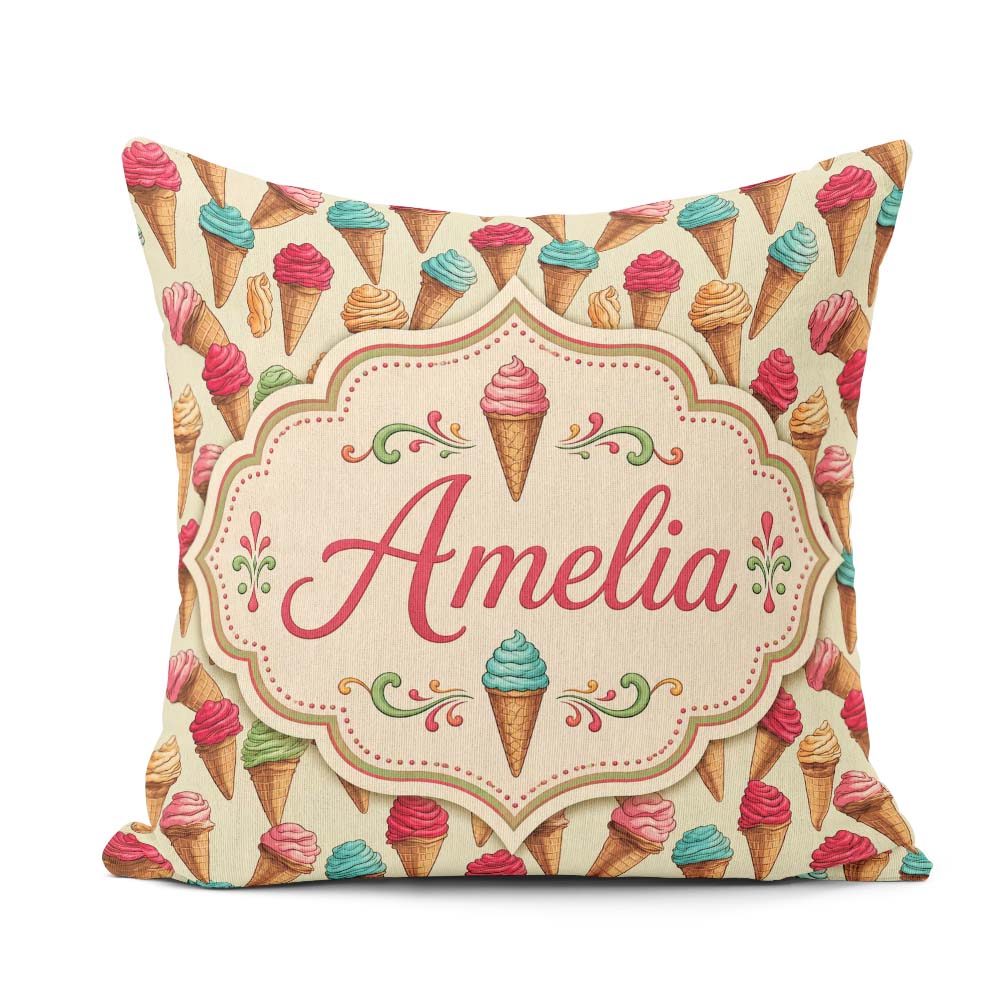 Custom Name Cartoon Ice Cream Cone in Pink Blue and Chocolate on Square Filled Cushion Throw Pillow Sofa Bed Home Decor Zip Washable UK Made