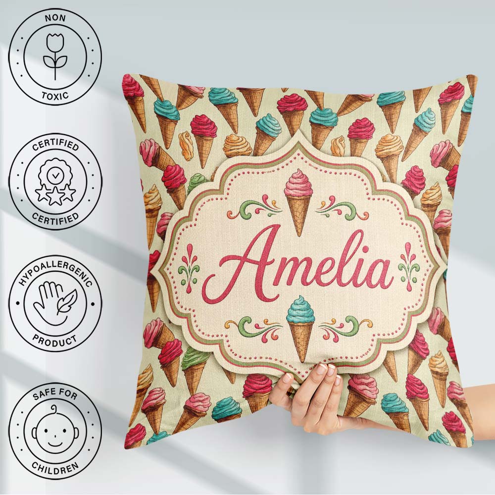 Custom Name Cartoon Ice Cream Cone in Pink Blue and Chocolate on Square Filled Cushion Throw Pillow Sofa Bed Home Decor Zip Washable UK Made