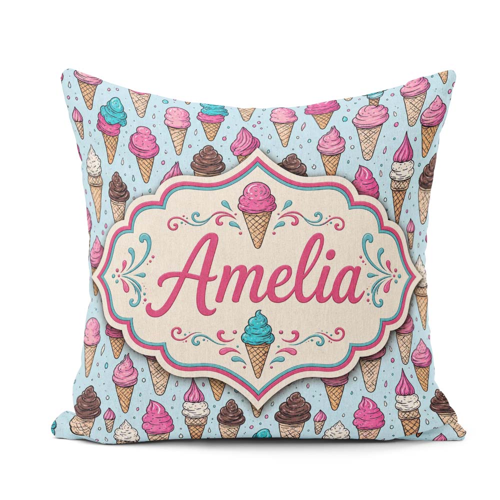 Custom Name Soft Pastel Ice Cream Cone Repeat on Neutral Minimal Square Filled Cushion Throw Pillow Sofa Bed Home Decor Zip Washable UK Made