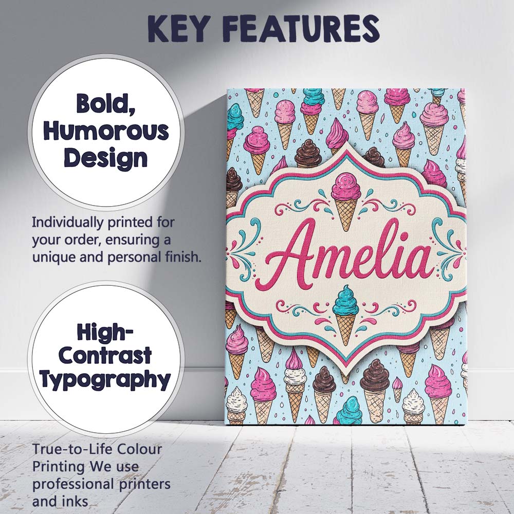 Personalised Name Soft Pastel Ice Cream Custom Modern Room Accent Elegant Feature Canvas Wall Art Print Decor Picture Ready to Hang