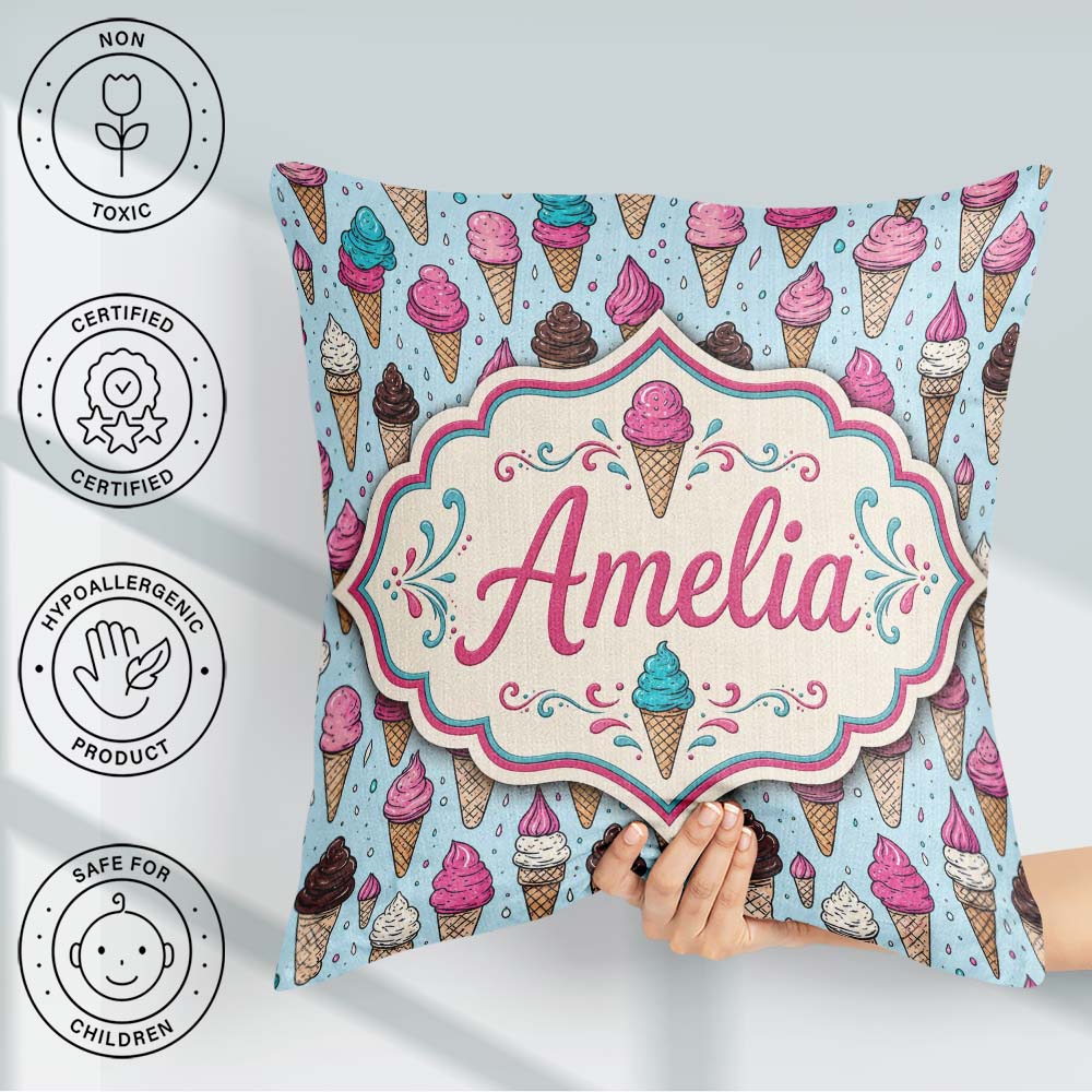 Custom Name Soft Pastel Ice Cream Cone Repeat on Neutral Minimal Square Filled Cushion Throw Pillow Sofa Bed Home Decor Zip Washable UK Made
