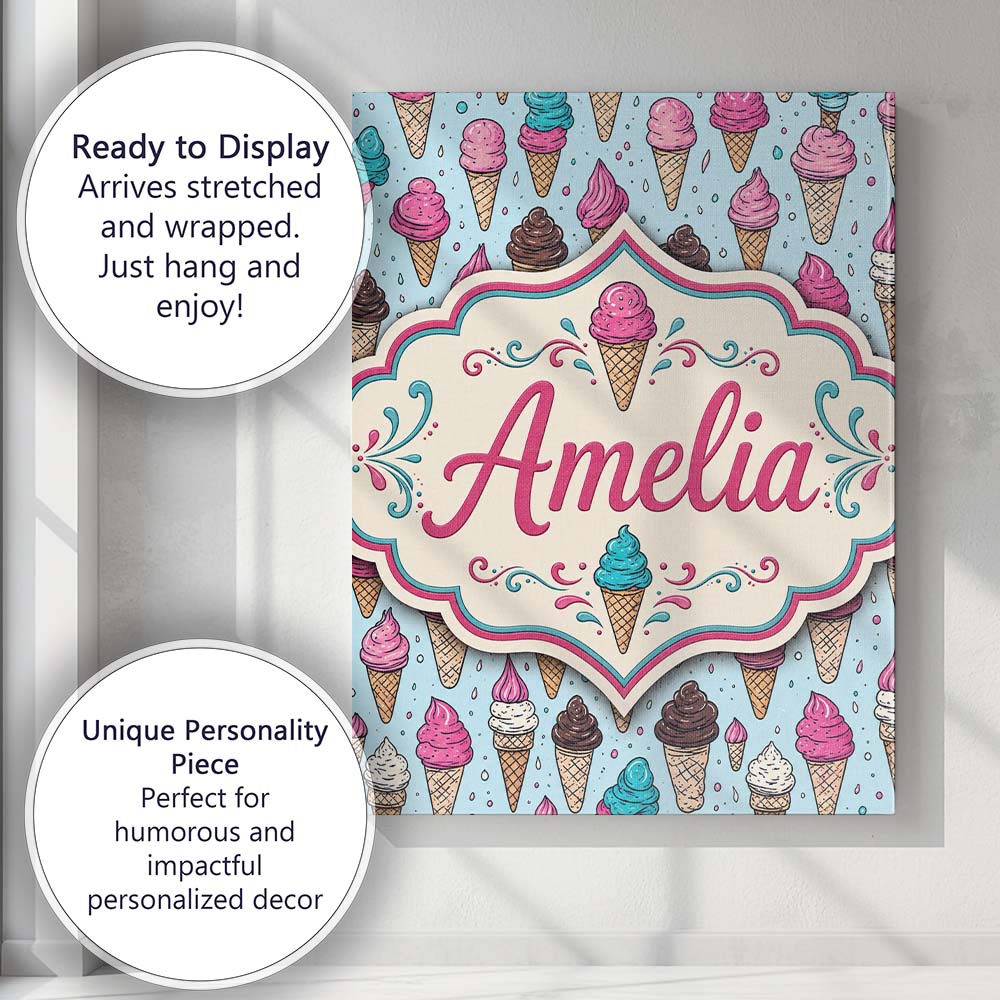 Personalised Name Soft Pastel Ice Cream Custom Modern Room Accent Elegant Feature Canvas Wall Art Print Decor Picture Ready to Hang