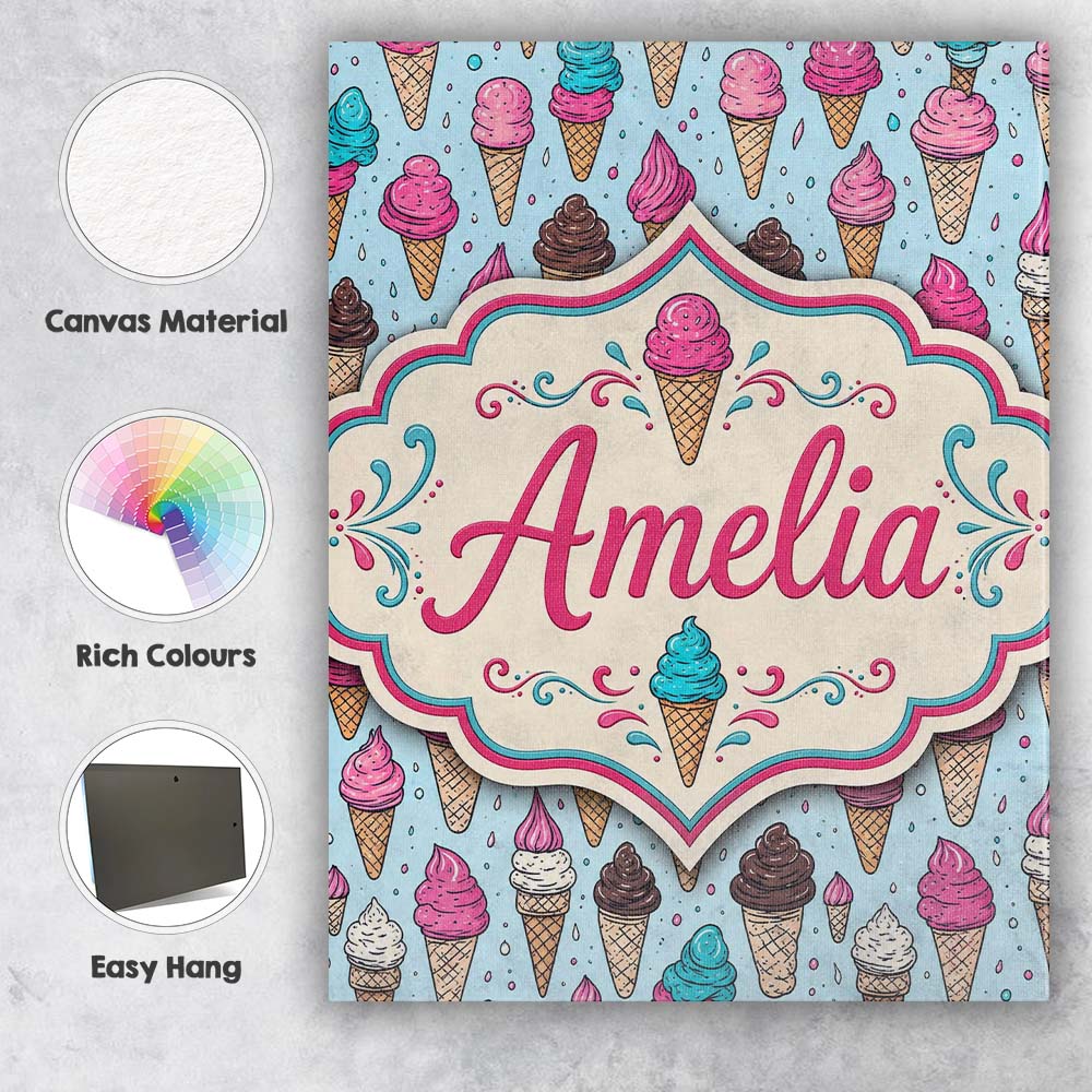 Personalised Name Soft Pastel Ice Cream Custom Modern Room Accent Elegant Feature Canvas Wall Art Print Decor Picture Ready to Hang