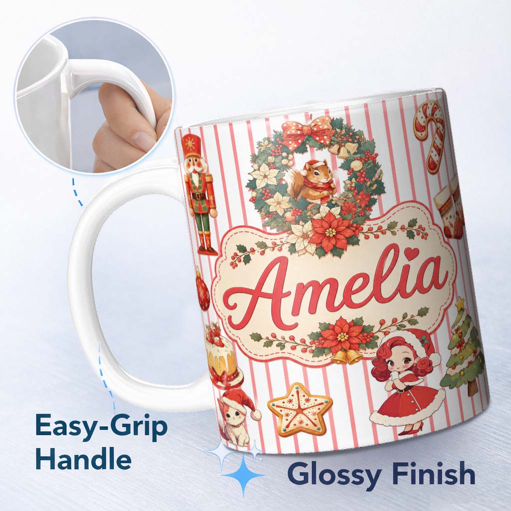 Personalized Custom Name Christmas Nutcracker Squirrel Cake Candy Cane Girl Tree Red Stripe 11oz Ceramic Coffee Tea Mug White Large Handle