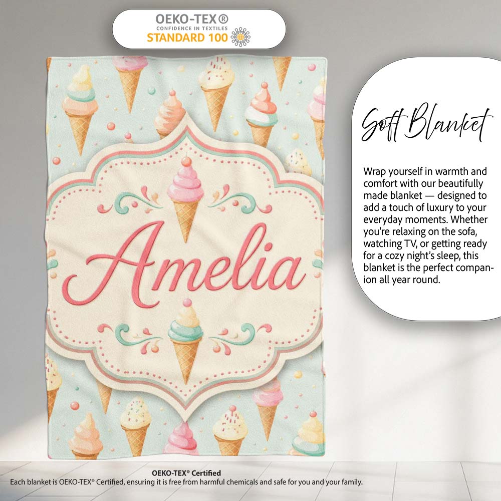 Pastel Ice Cream Cones with Sprinkles Seamless Cute Dessert Pattern Personalised Custom Name Super Soft Fleece Blanket Bed Sofa Throw