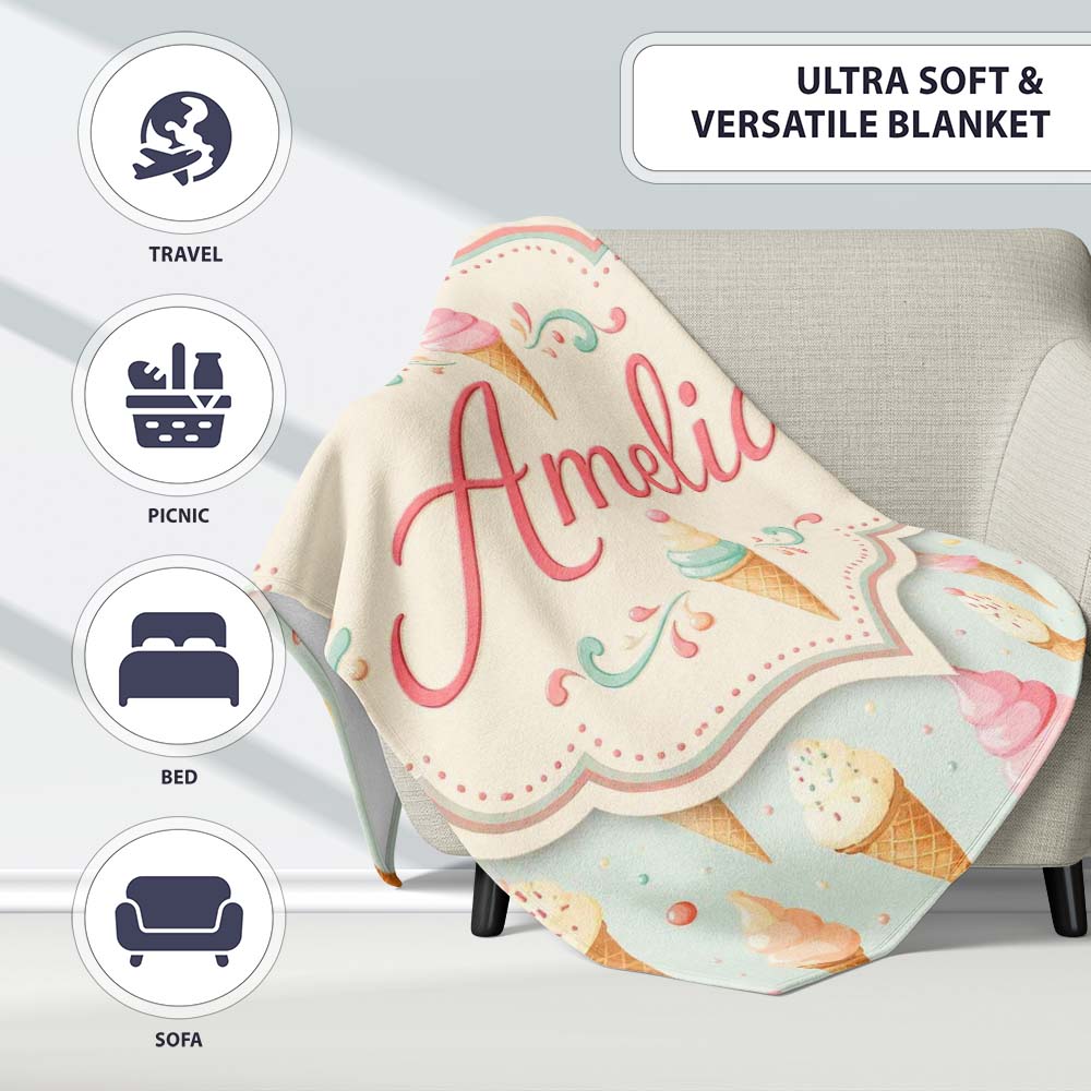 Pastel Ice Cream Cones with Sprinkles Seamless Cute Dessert Pattern Personalised Custom Name Super Soft Fleece Blanket Bed Sofa Throw