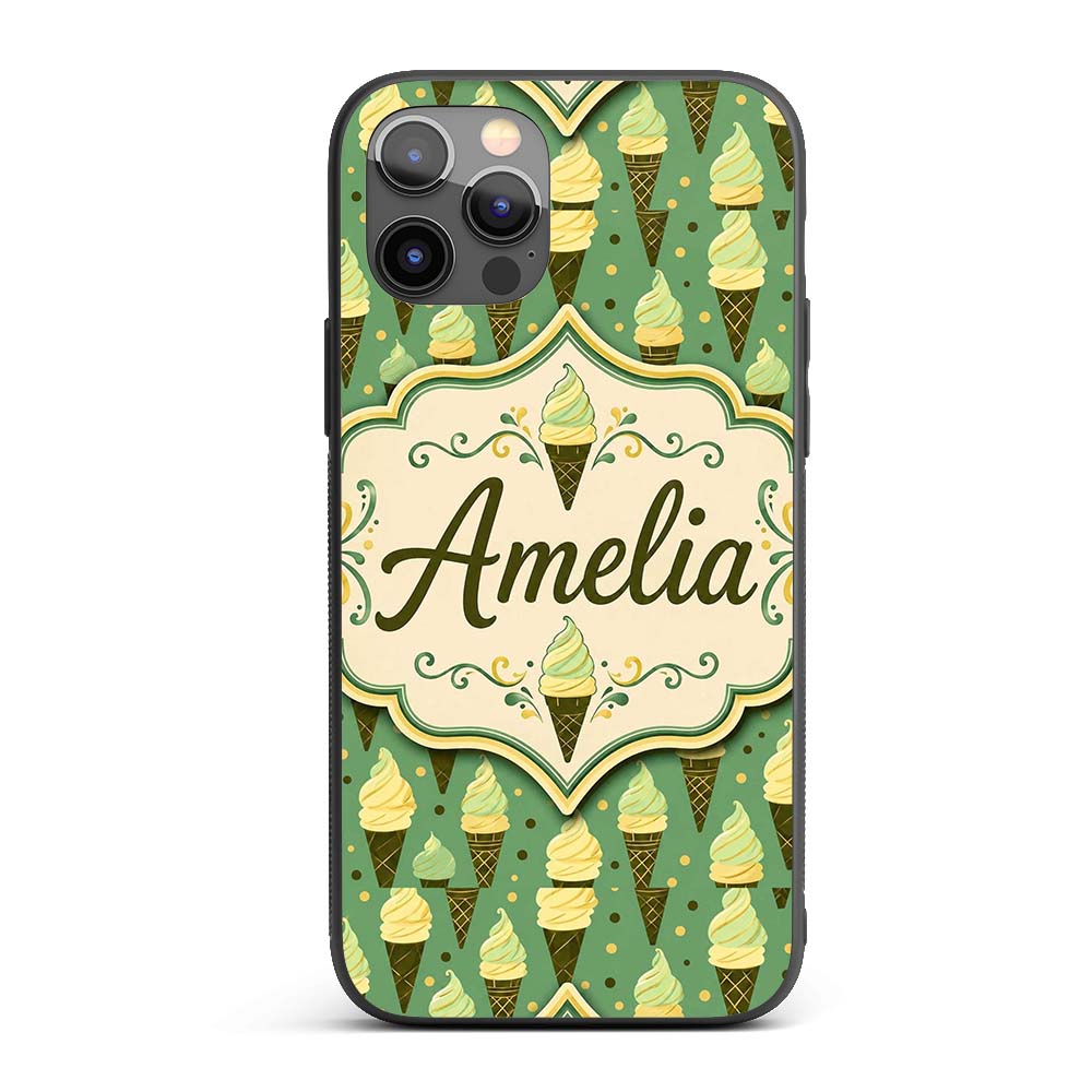 Vintage Mint Green Ice Cream Cones Printed Design Custom Name Protective Phone Case Mobile Cover Durable Everyday Smartphone Shock Resistant