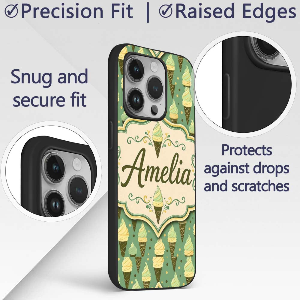 Vintage Mint Green Ice Cream Cones Printed Design Custom Name Protective Phone Case Mobile Cover Durable Everyday Smartphone Shock Resistant