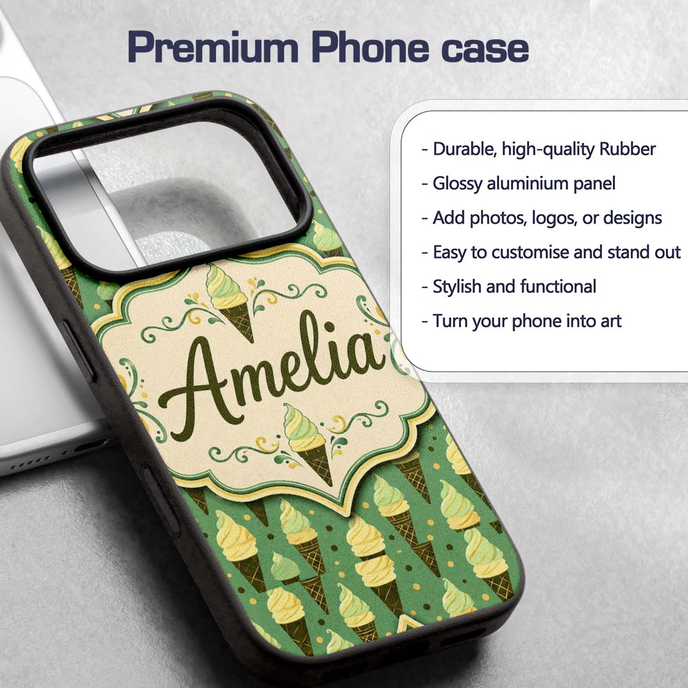Vintage Mint Green Ice Cream Cones Printed Design Custom Name Protective Phone Case Mobile Cover Durable Everyday Smartphone Shock Resistant