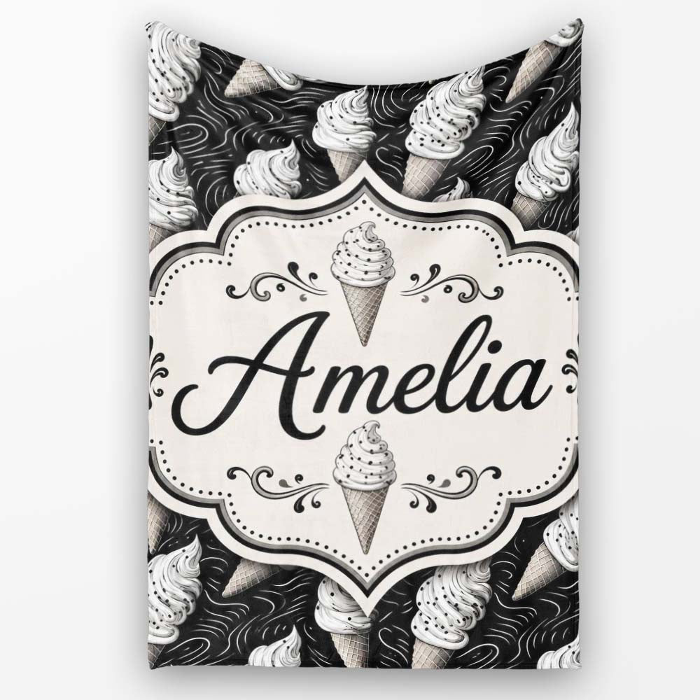 Monochrome Ice Cream Cone Pattern on Black with Swirl Texture Lovely Personalised Custom Name Super Soft Fleece Blanket Bed Sofa Throw