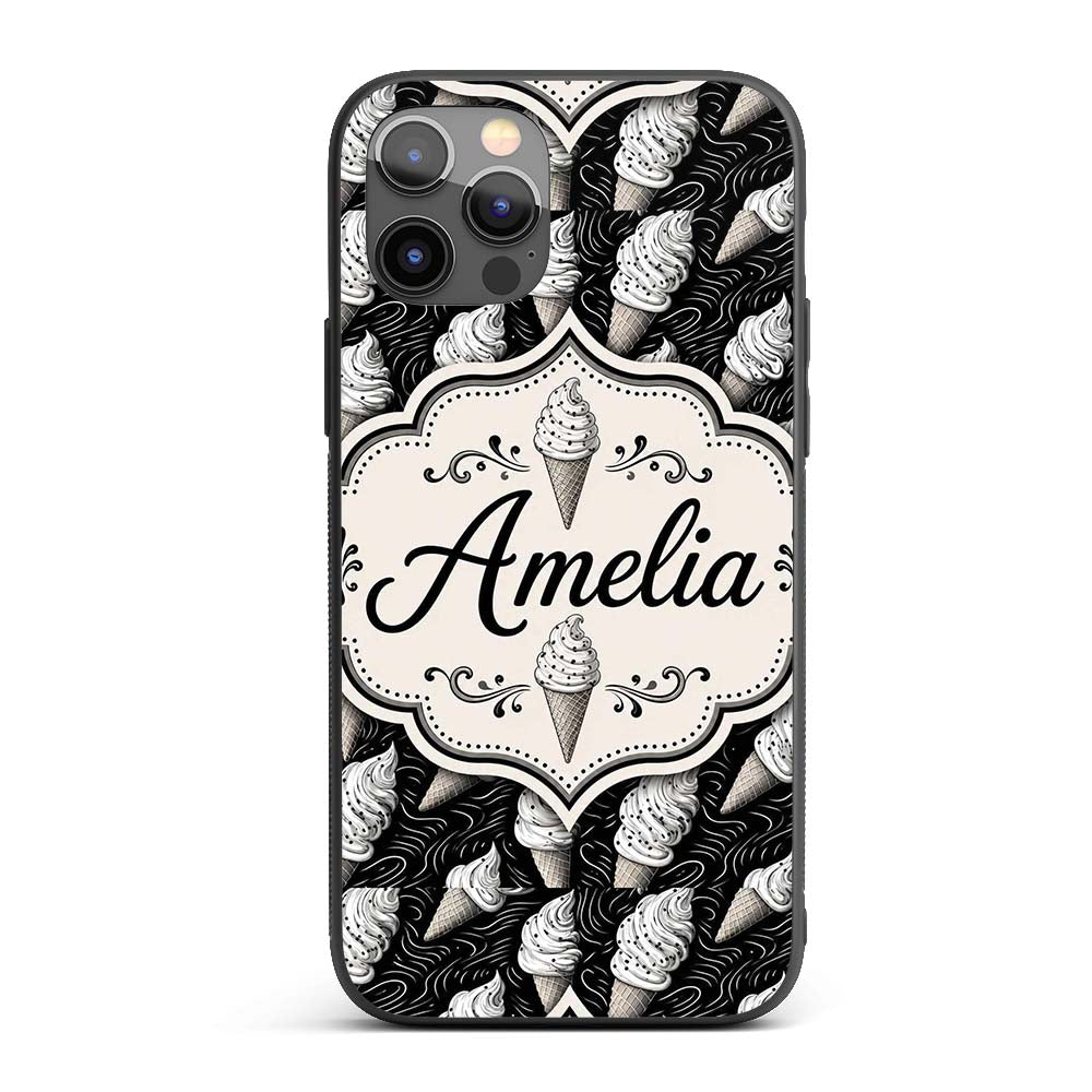 Monochrome Ice Cream Cone Pattern on Black with Custom Name Protective Phone Case Mobile Cover Durable Everyday Smartphone Shock Resistant