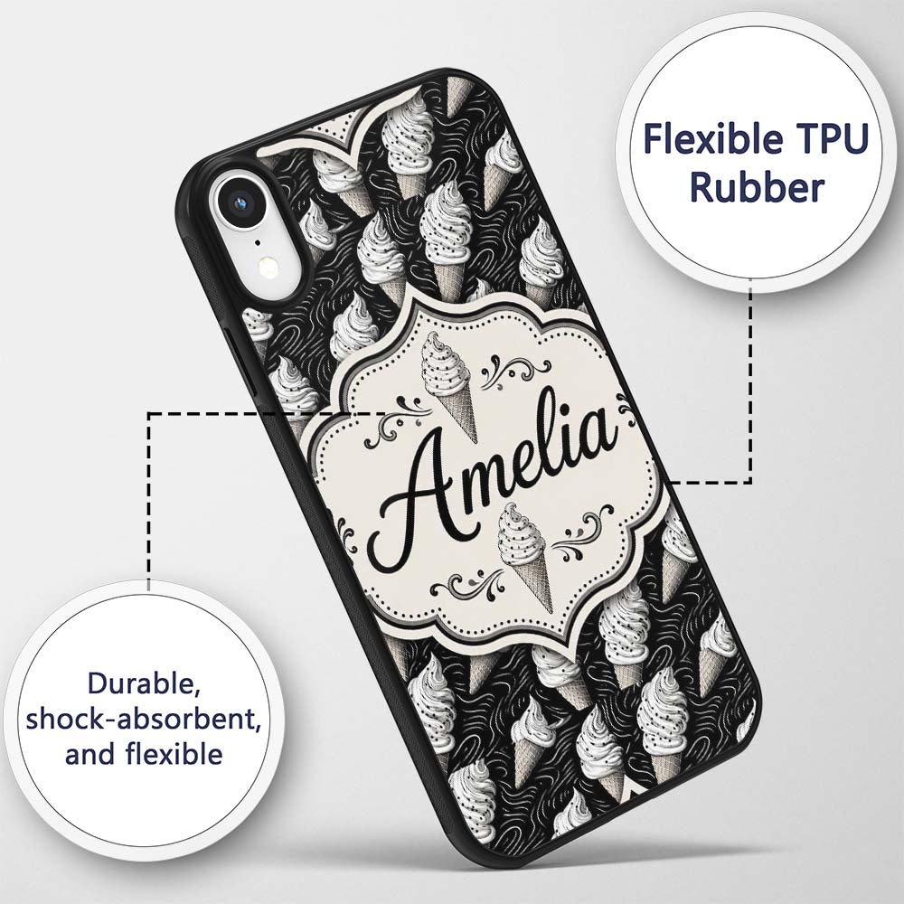 Monochrome Ice Cream Cone Pattern on Black with Custom Name Protective Phone Case Mobile Cover Durable Everyday Smartphone Shock Resistant