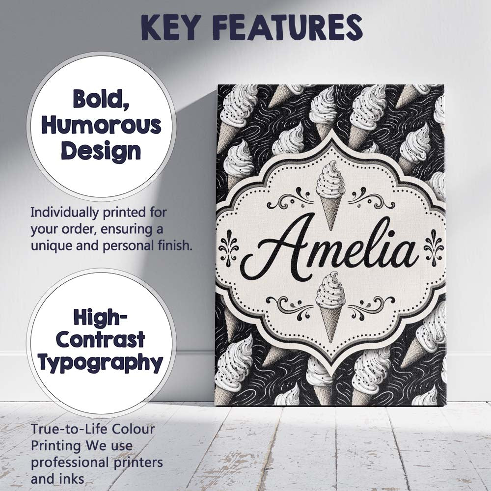 Personalised Name Monochrome Ice Cream Cone Custom Bespoke Interior Contemporary Canvas Wall Art Print Decor Picture Ready to Hang