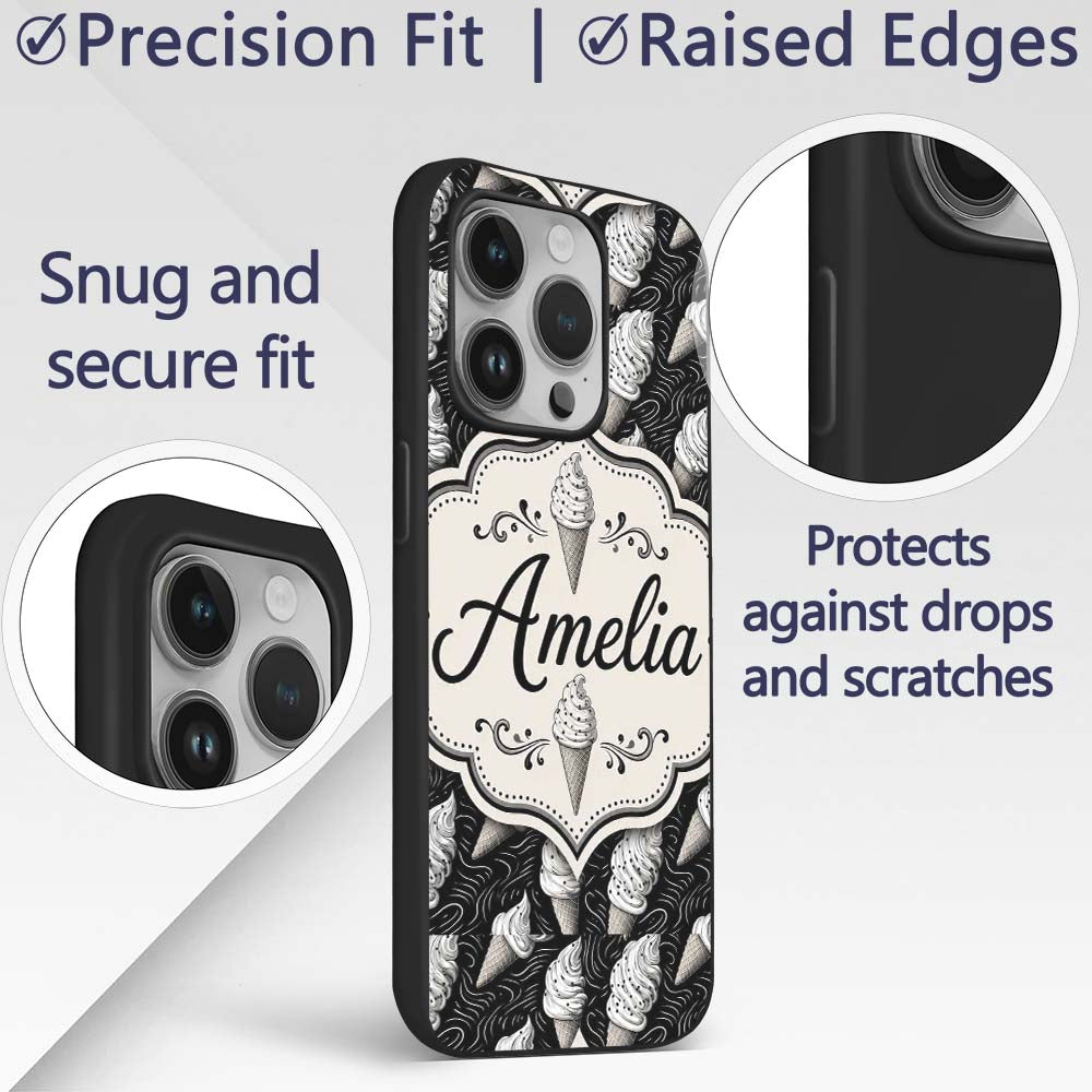 Monochrome Ice Cream Cone Pattern on Black with Custom Name Protective Phone Case Mobile Cover Durable Everyday Smartphone Shock Resistant