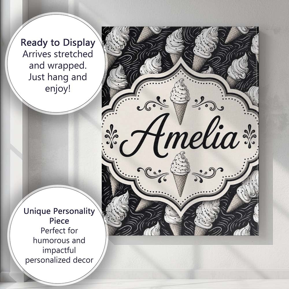 Personalised Name Monochrome Ice Cream Cone Custom Bespoke Interior Contemporary Canvas Wall Art Print Decor Picture Ready to Hang
