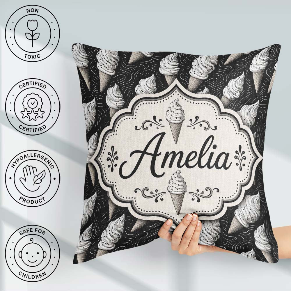 Custom Name Ice Cream Cone Pattern on Black with Swirl Texture Square Filled Cushion Throw Pillow Sofa Bed Home Decor Zip Washable UK Made