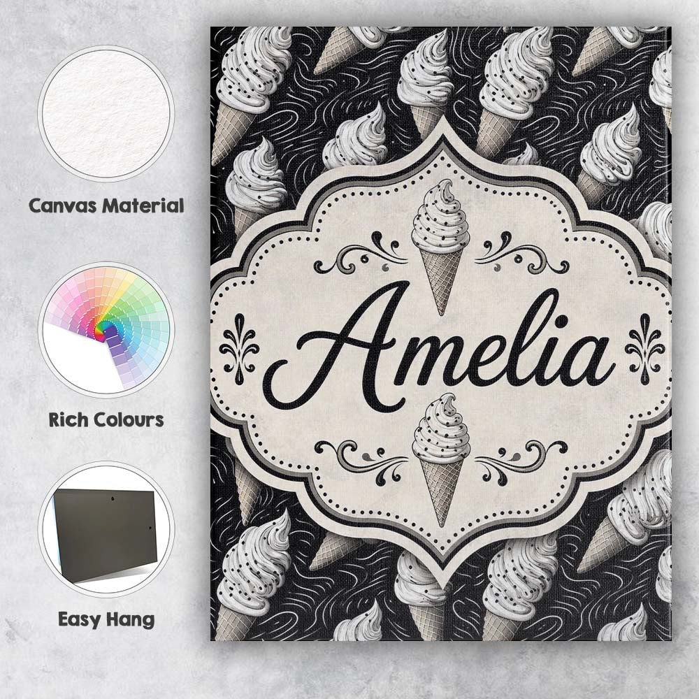 Personalised Name Monochrome Ice Cream Cone Custom Bespoke Interior Contemporary Canvas Wall Art Print Decor Picture Ready to Hang