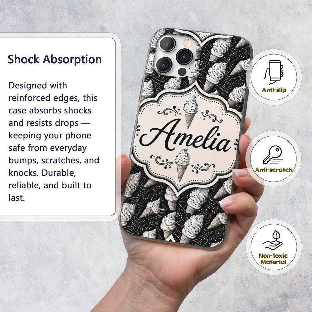 Monochrome Ice Cream Cone Pattern on Black with Custom Name Protective Phone Case Mobile Cover Durable Everyday Smartphone Shock Resistant