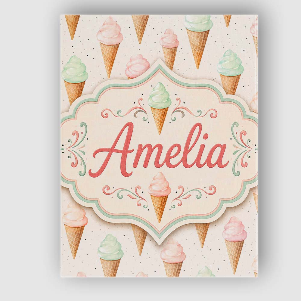 Personalised Name Minimal Pastel Ice Cream Custom Unique Gift Idea Elegant Feature Canvas Wall Art Print Decor Picture Ready to Hang