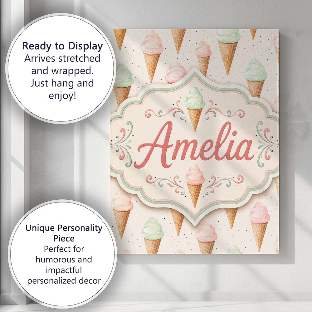 Personalised Name Minimal Pastel Ice Cream Custom Unique Gift Idea Elegant Feature Canvas Wall Art Print Decor Picture Ready to Hang