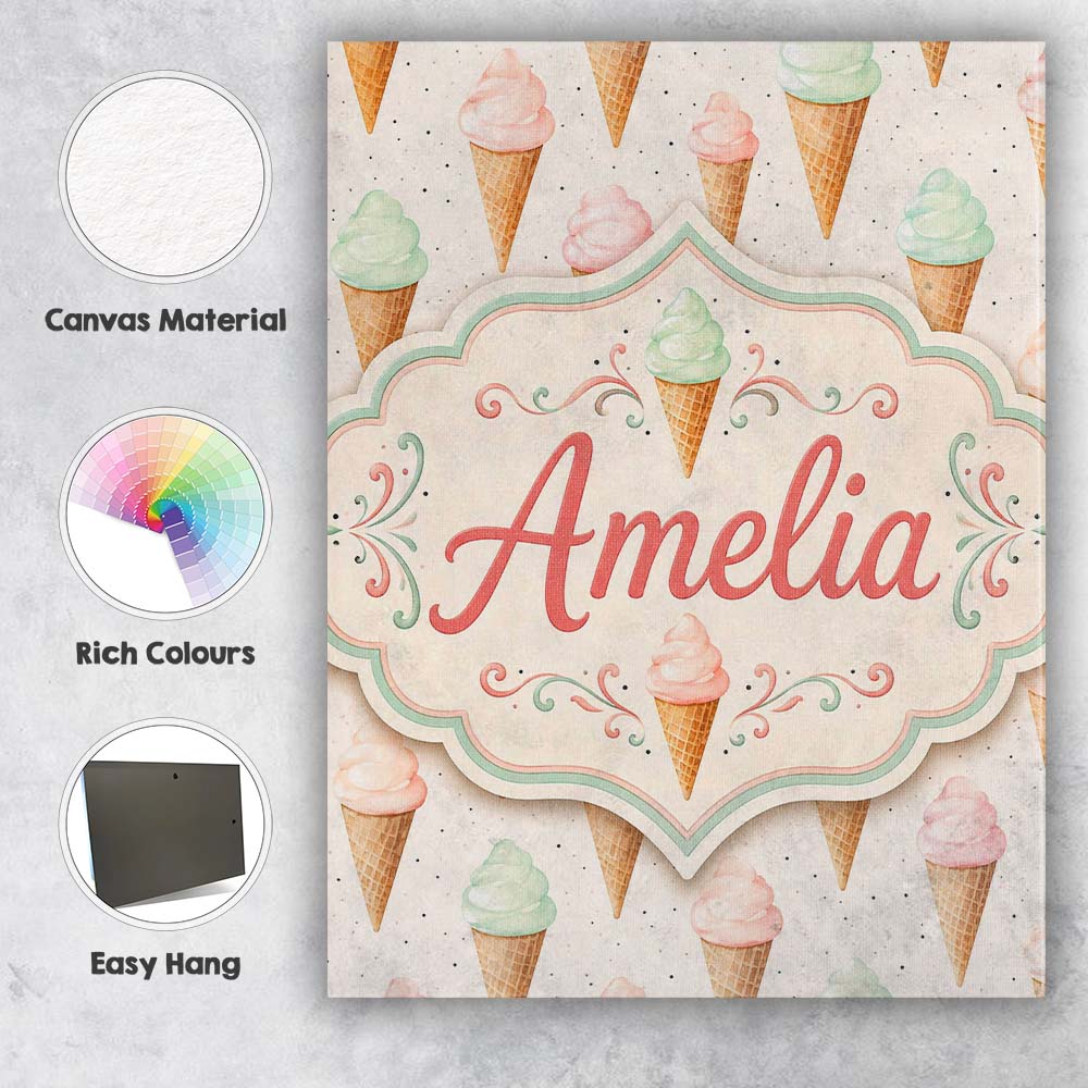 Personalised Name Minimal Pastel Ice Cream Custom Unique Gift Idea Elegant Feature Canvas Wall Art Print Decor Picture Ready to Hang