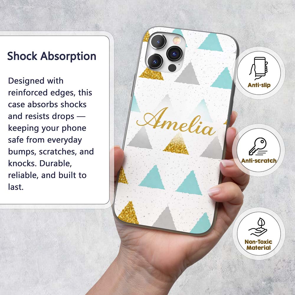 Glitter Triangle Geometric Pattern Printed Design Custom Name Protective Phone Case Mobile Cover Durable Everyday Smartphone Shock Resistant