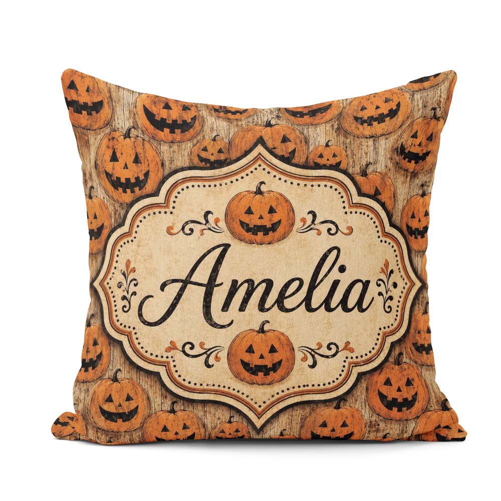 Custom Name Classic Halloween Pumpkin Faces Repeating Pattern on Square Filled Cushion Throw Pillow Sofa Bed Home Decor Zip Washable UK Made