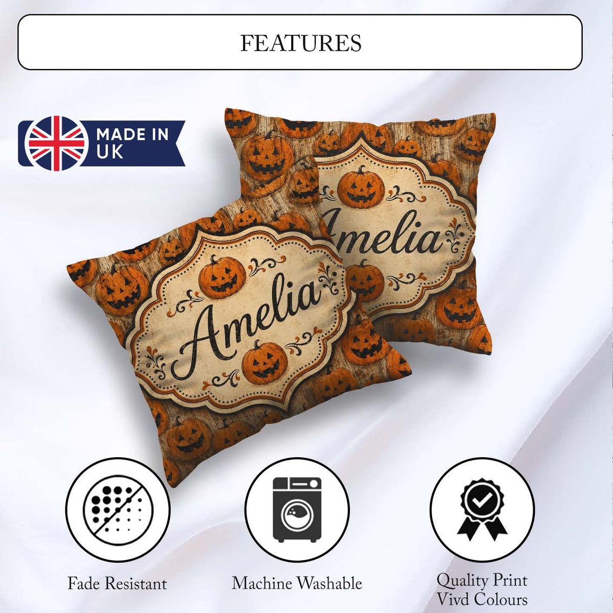 Custom Name Classic Halloween Pumpkin Faces Repeating Pattern on Square Filled Cushion Throw Pillow Sofa Bed Home Decor Zip Washable UK Made