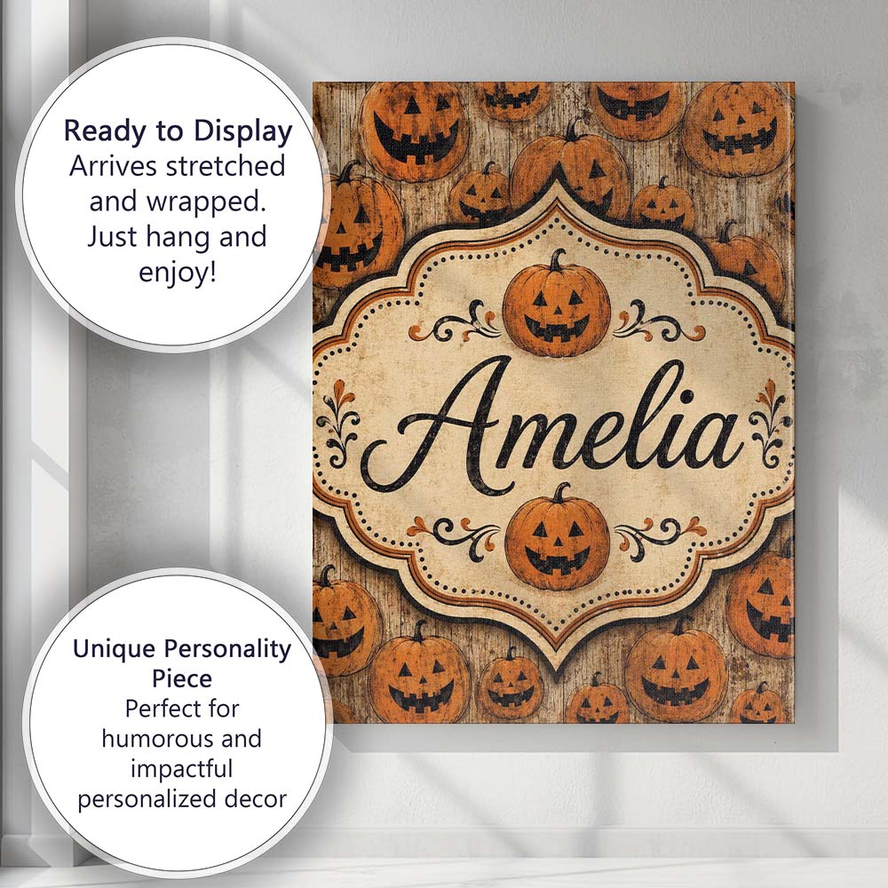 Personalised Name Classic Halloween Pumpkin Custom Bespoke Interior Contemporary Canvas Wall Art Print Decor Picture Ready to Hang