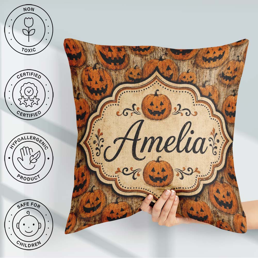 Custom Name Classic Halloween Pumpkin Faces Repeating Pattern on Square Filled Cushion Throw Pillow Sofa Bed Home Decor Zip Washable UK Made
