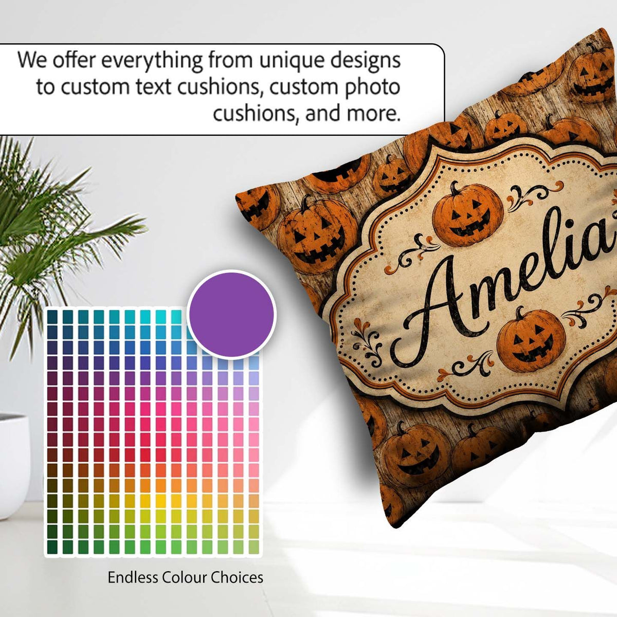 Custom Name Classic Halloween Pumpkin Faces Repeating Pattern on Square Filled Cushion Throw Pillow Sofa Bed Home Decor Zip Washable UK Made