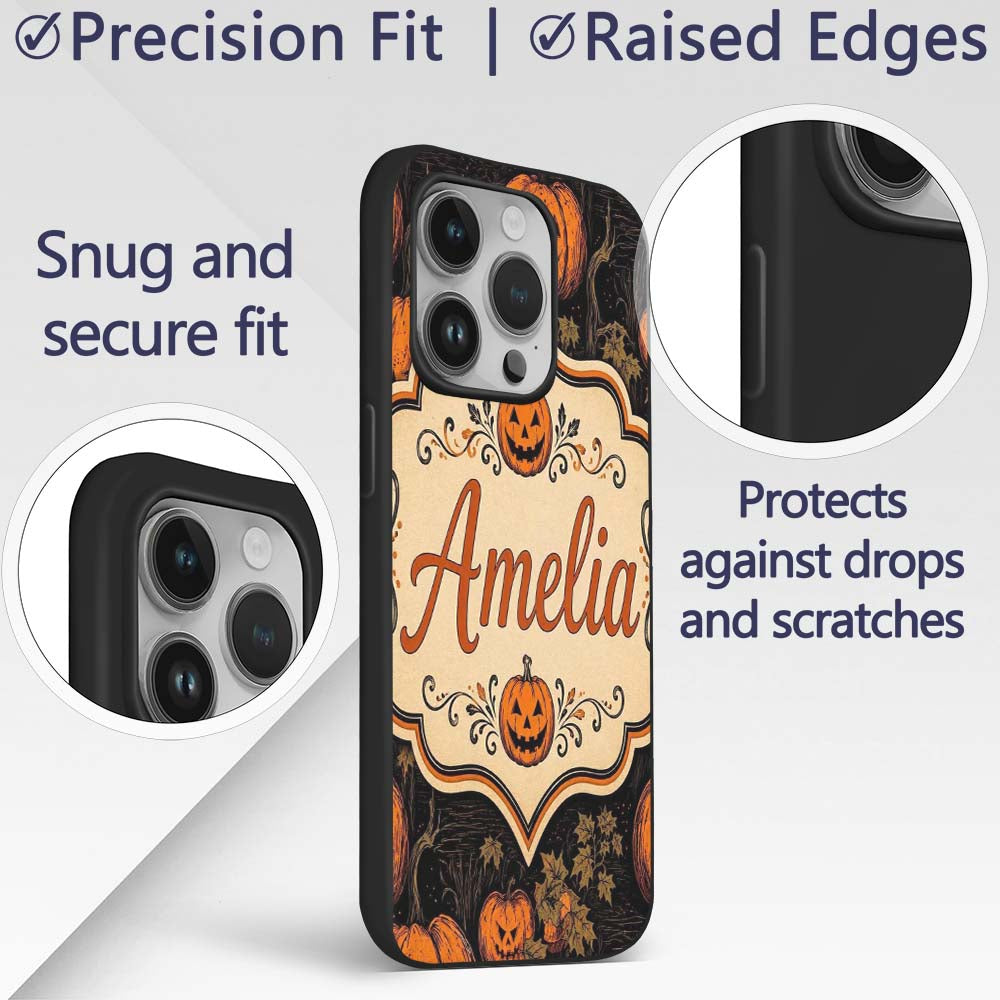 Bold Halloween Pumpkin Illustration Pattern on Custom Name Protective Phone Case Mobile Cover Durable Everyday Smartphone Shock Resistant