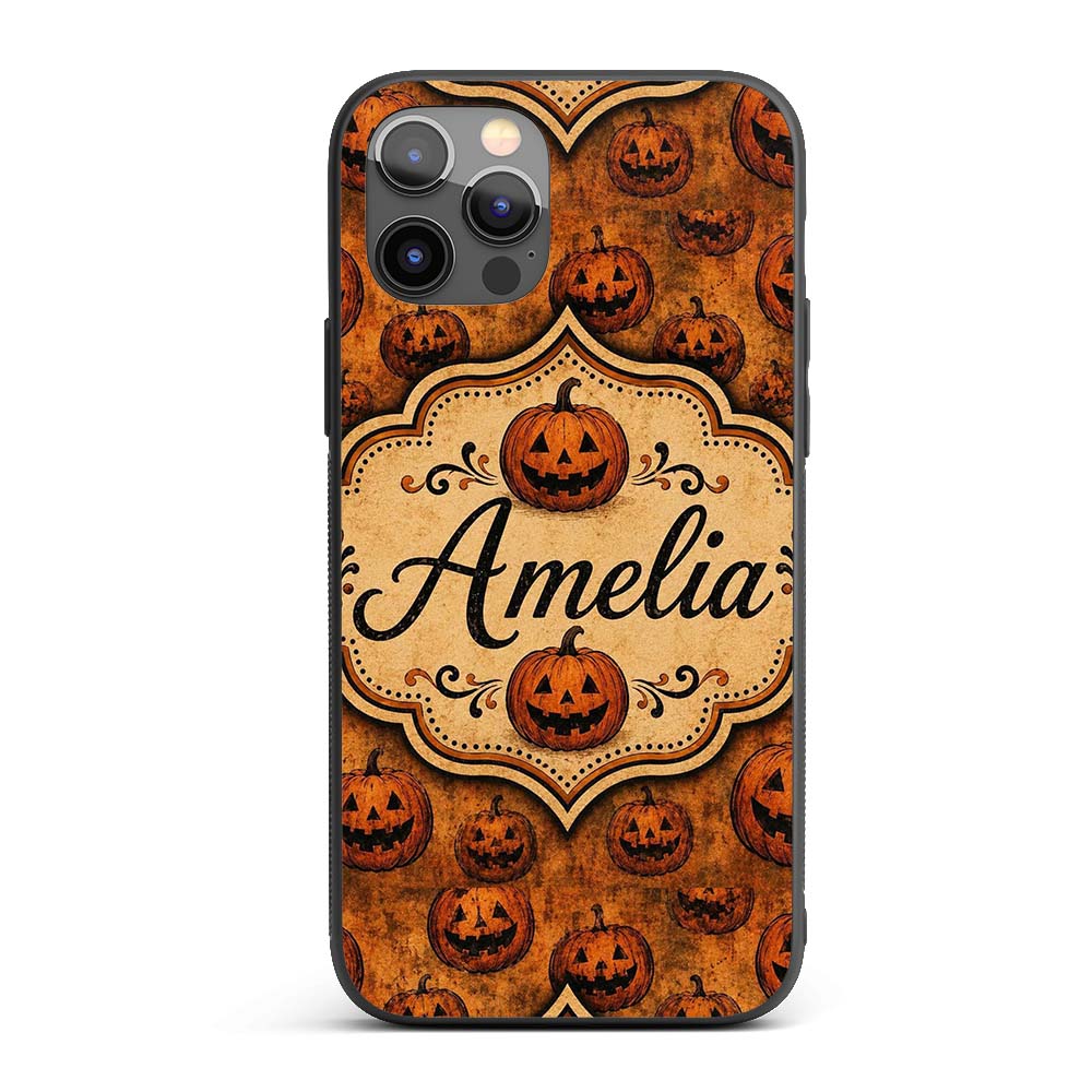 Vintage Halloween Jack O Lantern Pumpkin Pattern Custom Name Protective Phone Case Mobile Cover Durable Everyday Smartphone Shock Resistant
