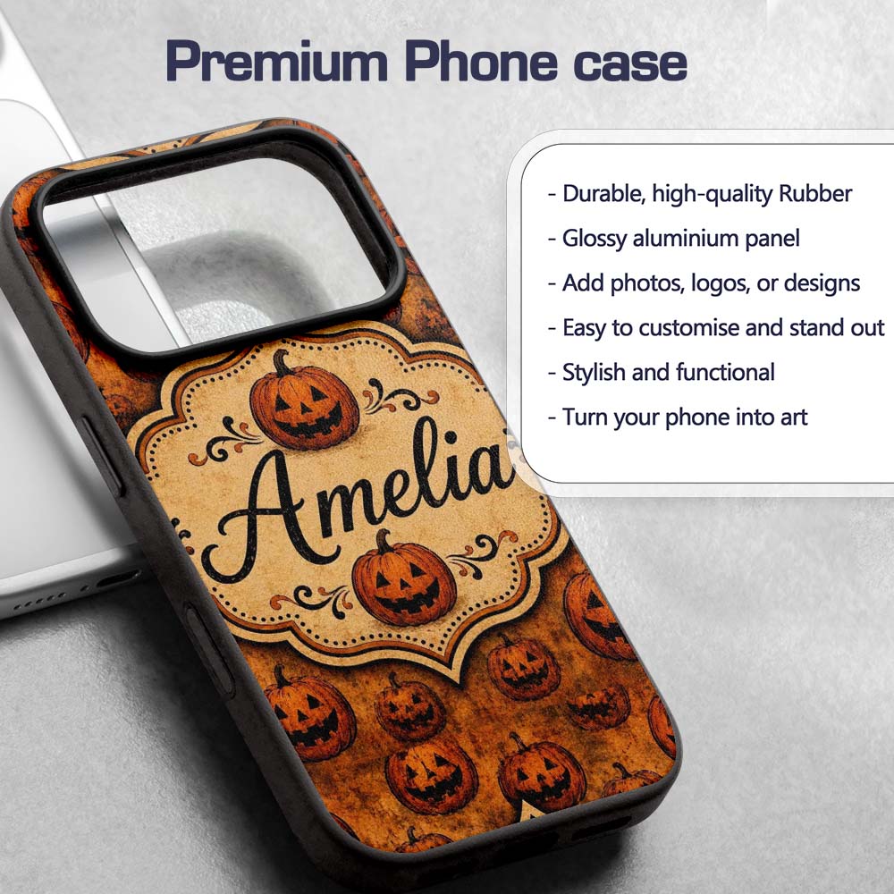 Vintage Halloween Jack O Lantern Pumpkin Pattern Custom Name Protective Phone Case Mobile Cover Durable Everyday Smartphone Shock Resistant