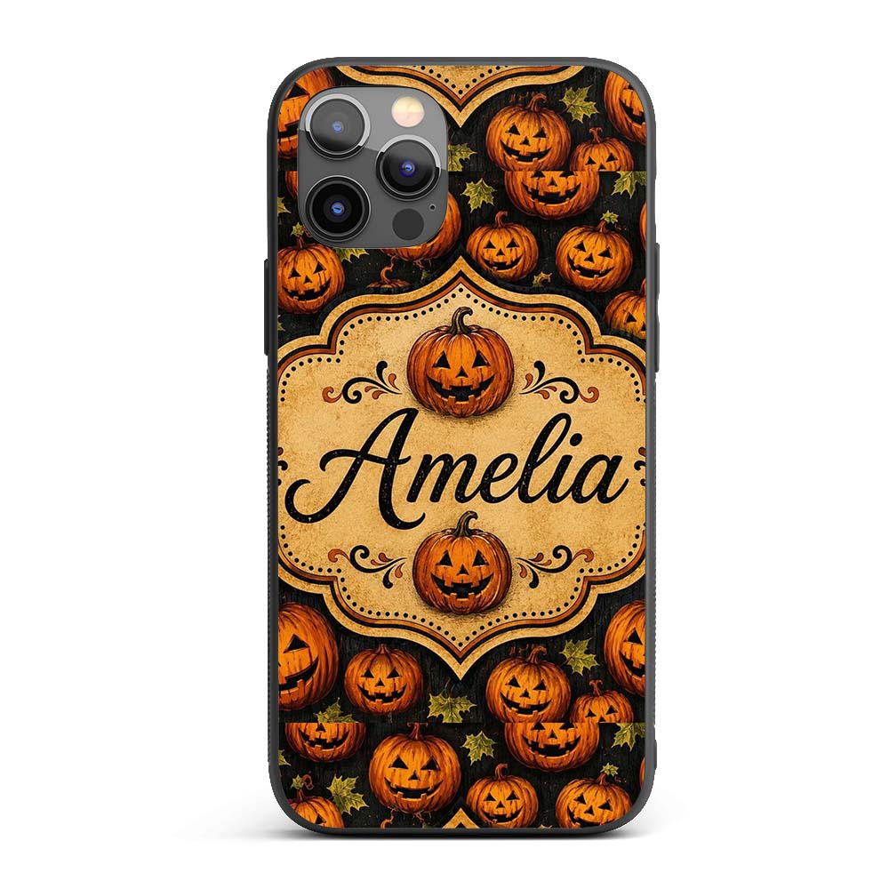 Rustic Autumn Pumpkin Patch with Leaves on Dark Custom Name Protective Phone Case Mobile Cover Durable Everyday Smartphone Shock Resistant