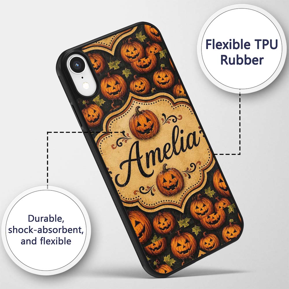 Rustic Autumn Pumpkin Patch with Leaves on Dark Custom Name Protective Phone Case Mobile Cover Durable Everyday Smartphone Shock Resistant