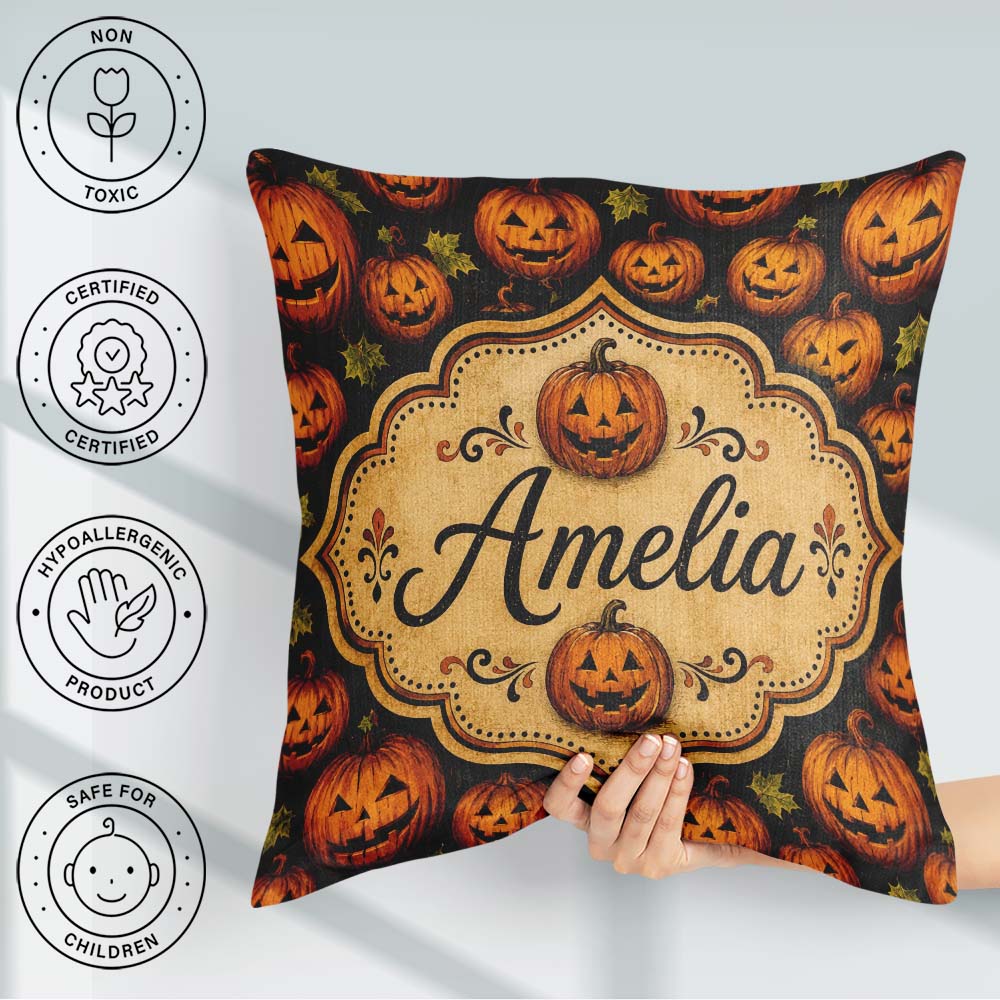 Custom Name Rustic Autumn Pumpkin Patch with Leaves on Dark Wood Square Filled Cushion Throw Pillow Sofa Bed Home Decor Zip Washable UK Made