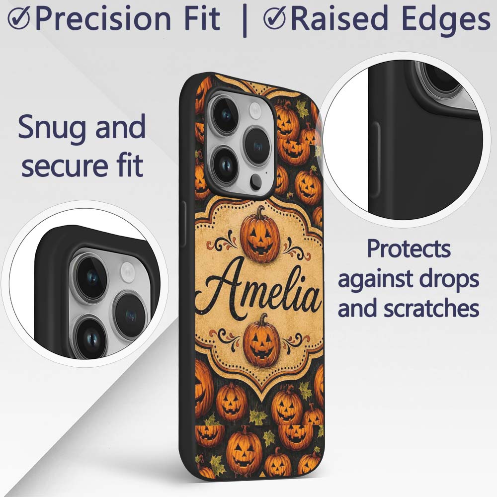 Rustic Autumn Pumpkin Patch with Leaves on Dark Custom Name Protective Phone Case Mobile Cover Durable Everyday Smartphone Shock Resistant