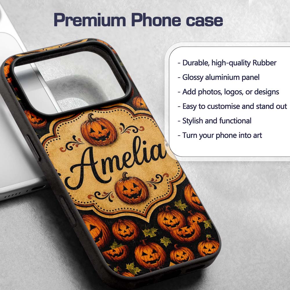 Rustic Autumn Pumpkin Patch with Leaves on Dark Custom Name Protective Phone Case Mobile Cover Durable Everyday Smartphone Shock Resistant
