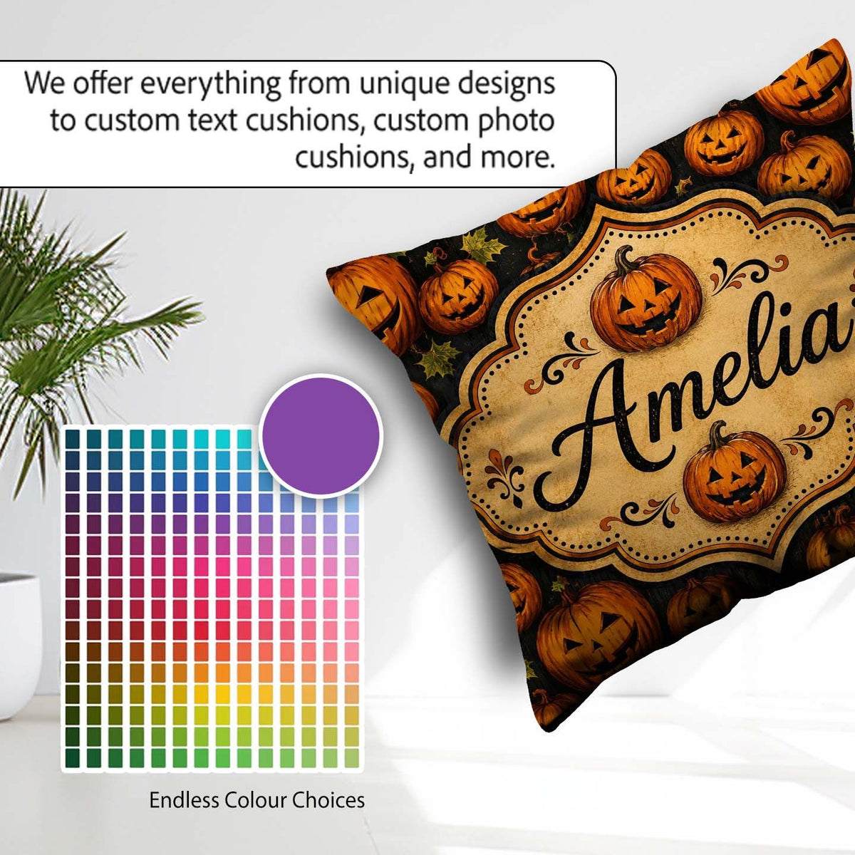 Custom Name Rustic Autumn Pumpkin Patch with Leaves on Dark Wood Square Filled Cushion Throw Pillow Sofa Bed Home Decor Zip Washable UK Made