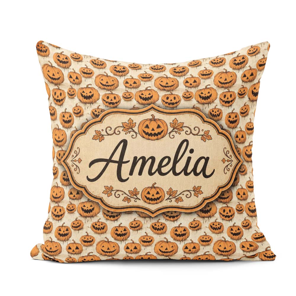 Custom Name Classic Halloween Faces on Light Background Seamless Square Filled Cushion Throw Pillow Sofa Bed Home Decor Zip Washable UK Made