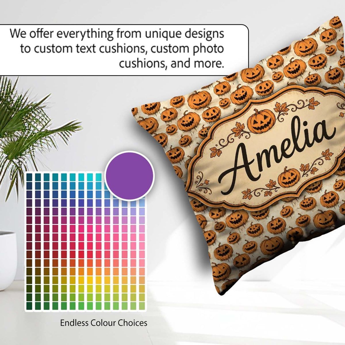 Custom Name Classic Halloween Faces on Light Background Seamless Square Filled Cushion Throw Pillow Sofa Bed Home Decor Zip Washable UK Made