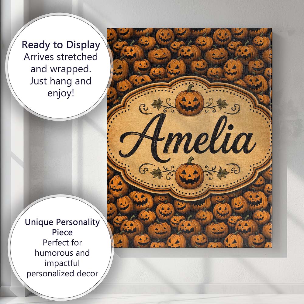 Personalised Name Dense Halloween Pumpkin Custom Unique Gift Idea Elegant Feature Canvas Wall Art Print Decor Picture Ready to Hang