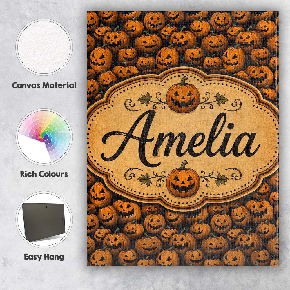 Personalised Name Dense Halloween Pumpkin Custom Unique Gift Idea Elegant Feature Canvas Wall Art Print Decor Picture Ready to Hang