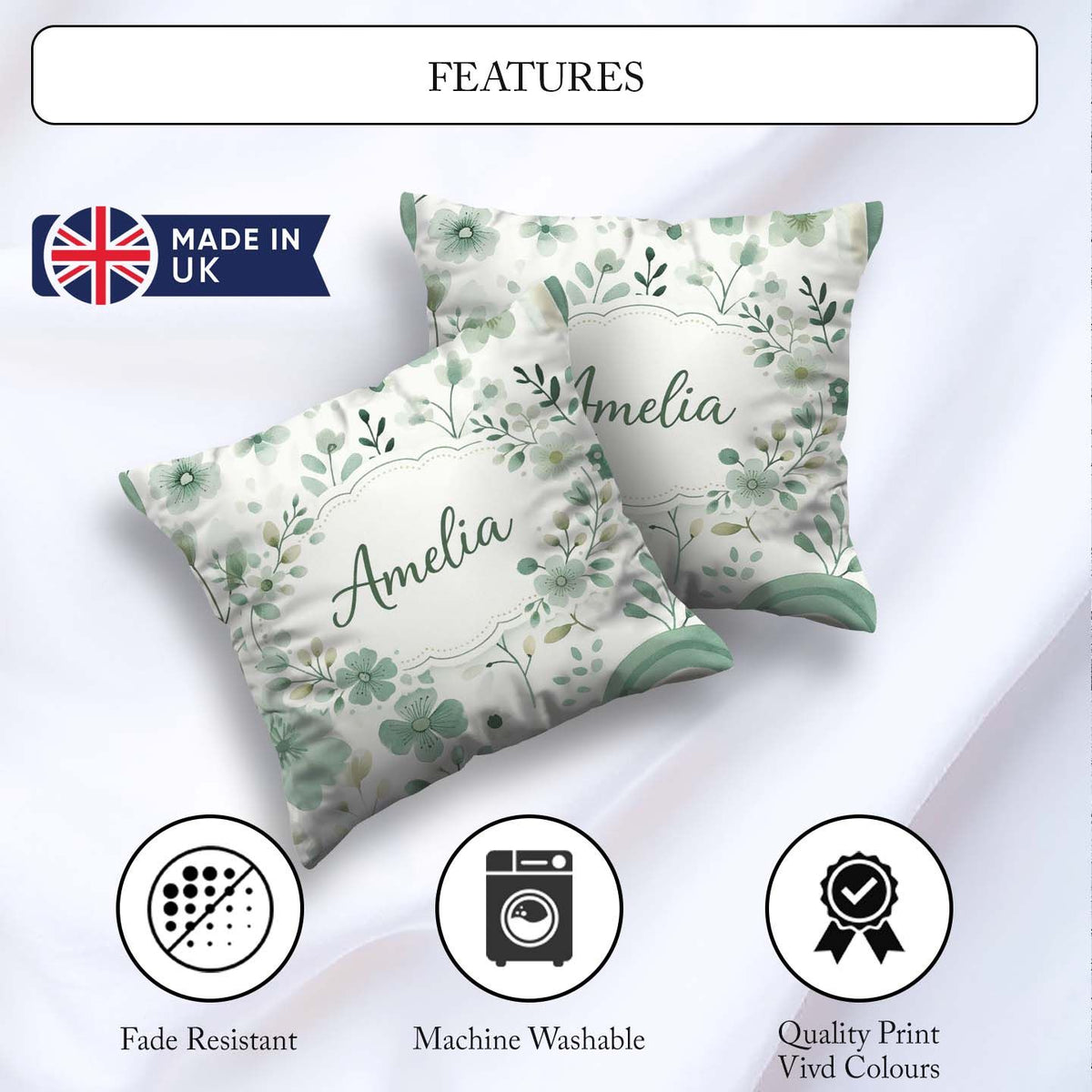 Custom Name Watercolor Green Rainbow Pattern Background Seamless Square Filled Cushion Throw Pillow Sofa Bed Home Decor Zip Washable UK Made