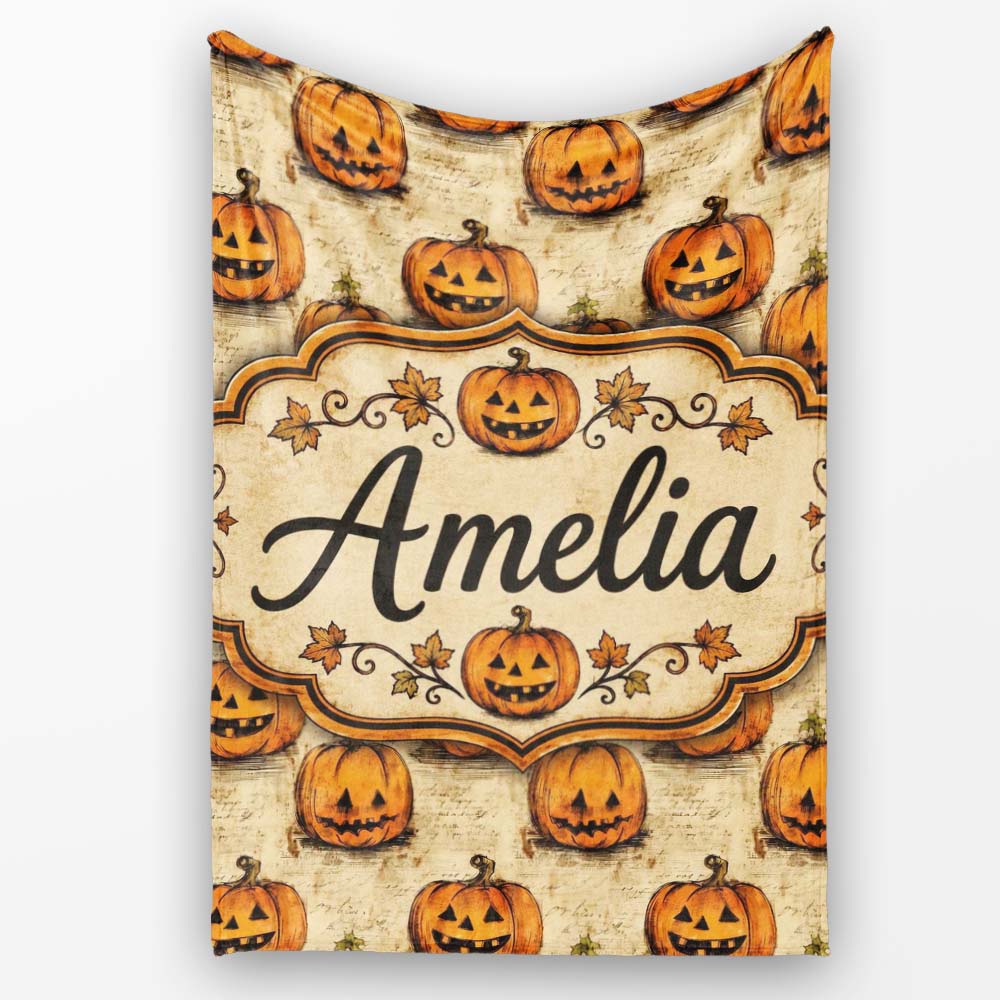 Vintage Sketch Style Pumpkins on Script Background Halloween Lovely Personalised Custom Name Super Soft Fleece Blanket Bed Sofa Throw