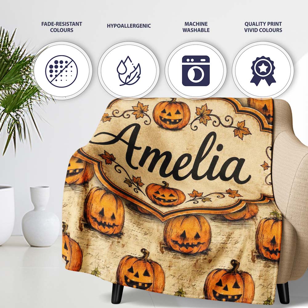 Vintage Sketch Style Pumpkins on Script Background Halloween Lovely Personalised Custom Name Super Soft Fleece Blanket Bed Sofa Throw