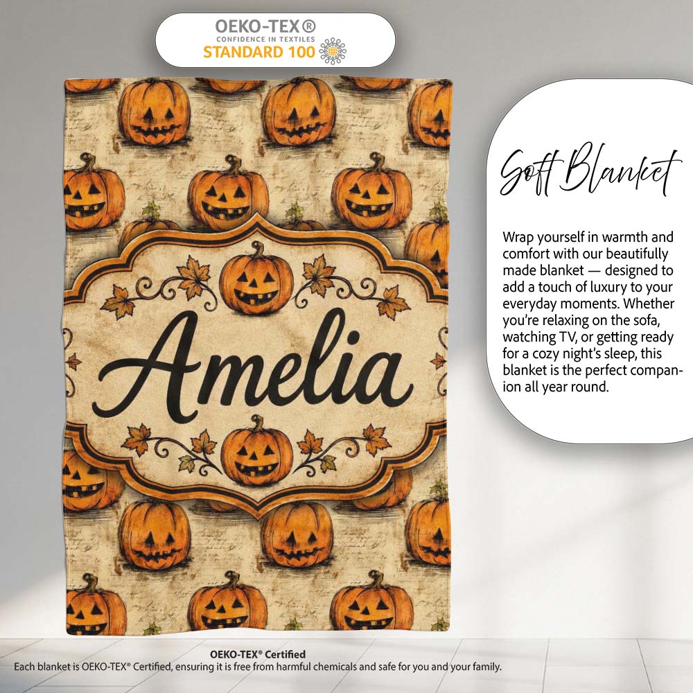 Vintage Sketch Style Pumpkins on Script Background Halloween Lovely Personalised Custom Name Super Soft Fleece Blanket Bed Sofa Throw