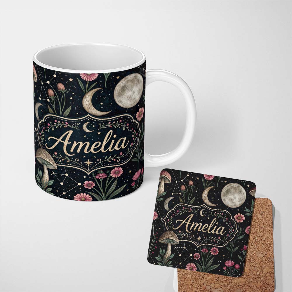 Personalized Custom Name Celestial Floral Moon Constellation Night Seamless Pattern Lovely 11oz Ceramic Coffee Tea Mug White Large Handle